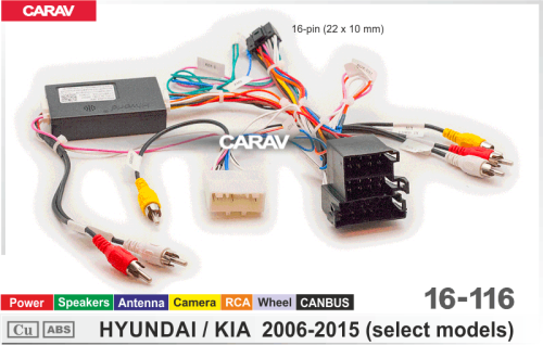 ISO CARAV 16-116 HYUNDAI, KIA 06-15 /Mini-ISO+Питание+Динамики+Антенна+Камера+USB+2RCA+Усилитель+CAN