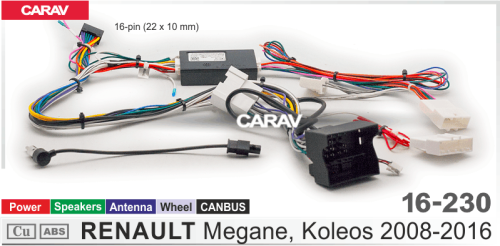 ISO CARAV 16-230 RENAULT MEGANE /KOLEOS 08-16  /Питание+Динамики+Руль+Антенна+СAN